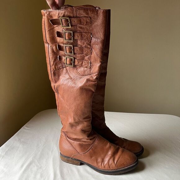 Steve Madden Cognac Leather Knee High Riding Boots Buckle Round Toe Women's 7 - Picture 9 of 9